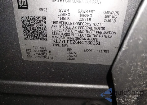 2024 Chevrolet Trax Fwd Sp из США, поврежденный, VIN KL77LFE26RC130151